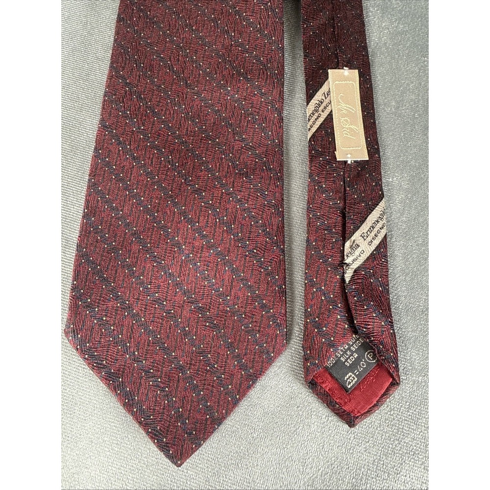 ERMENEGILDO ZEGNA Burgundy‎ Geometric 100% Silk Mens Luxury Tie 57" X 3.75"